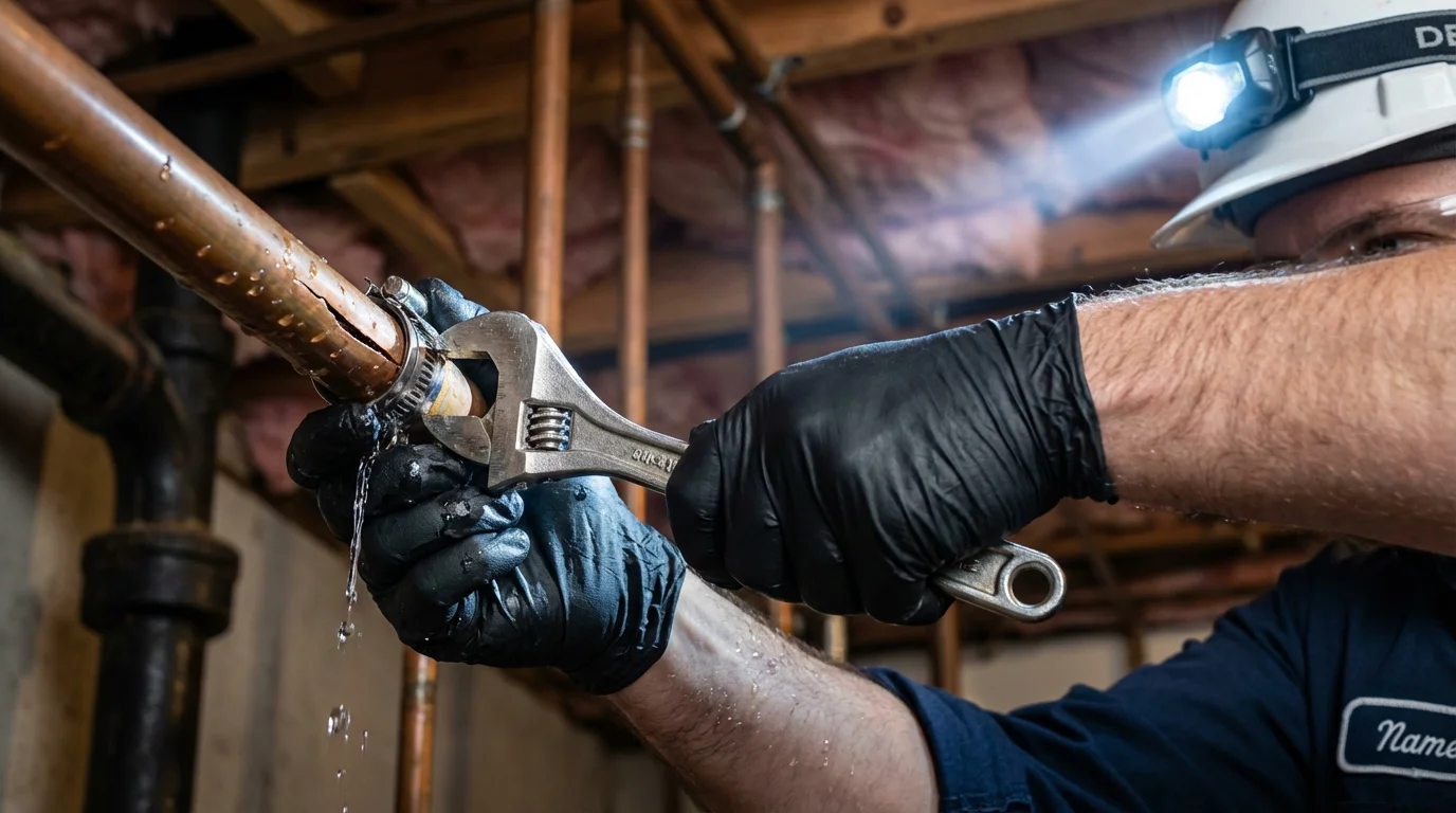 Emergency pipe clamp repair being performed by a Johns Plumbing LLC plumber in Aledo